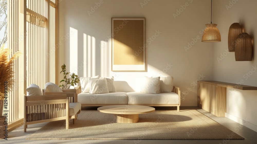 Fototapeta premium Serene Minimalist Living Room: A bright and airy living space bathed in natural sunlight, featuring a modern design, wooden furniture, and neutral tones, creating a sense of calm and relaxation.