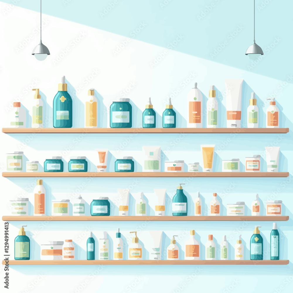 A modern pharmacy-style shelf filled with various health, wellness, and personal care products, neatly arranged in a bright and clean setting. A modern pharmacy-style shelf filled with various health, wellness, and personal care products, neatly arranged in a bright and clean setting.