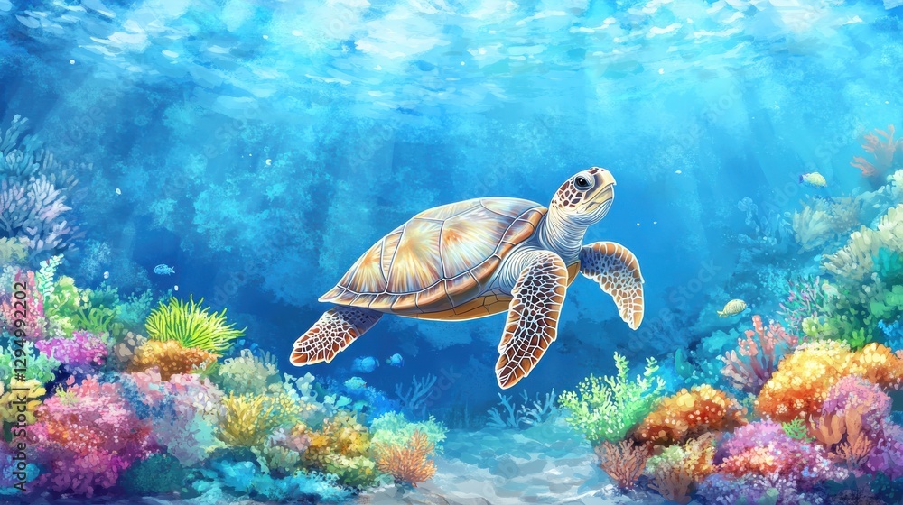 Vibrant Underwater Scene with Swimming Sea Turtle in Coral Reef Ecosystem Vibrant Underwater Scene with Swimming Sea Turtle in Coral Reef Ecosystem