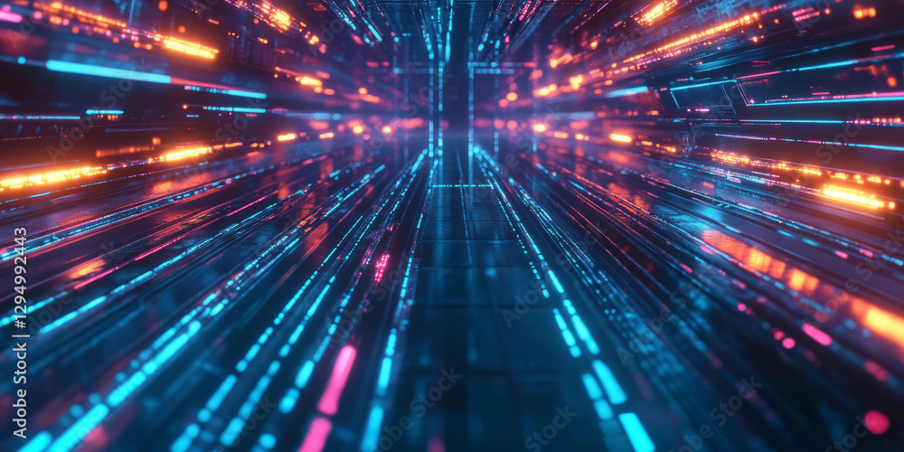 A visually striking 3D abstract background featuring an array of glowing neon pathways stretching into the horizon. The cybernetic reflections and pulsating energy waves enhance the futuristic sci-fi A visually striking 3D abstract background featuring an array of glowing neon pathways stretching into the horizon. The cybernetic reflections and pulsating energy waves enhance the futuristic sci-fi