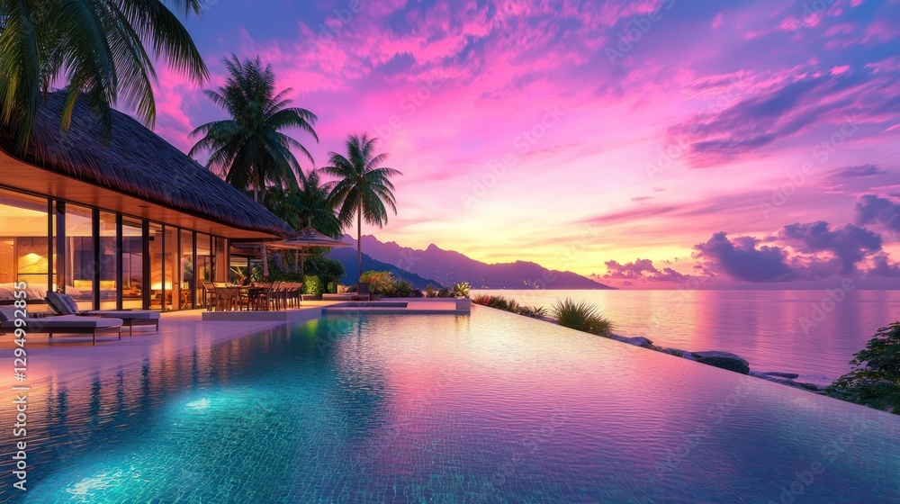 Fototapeta premium Tropical villa with infinity pool at sunset.