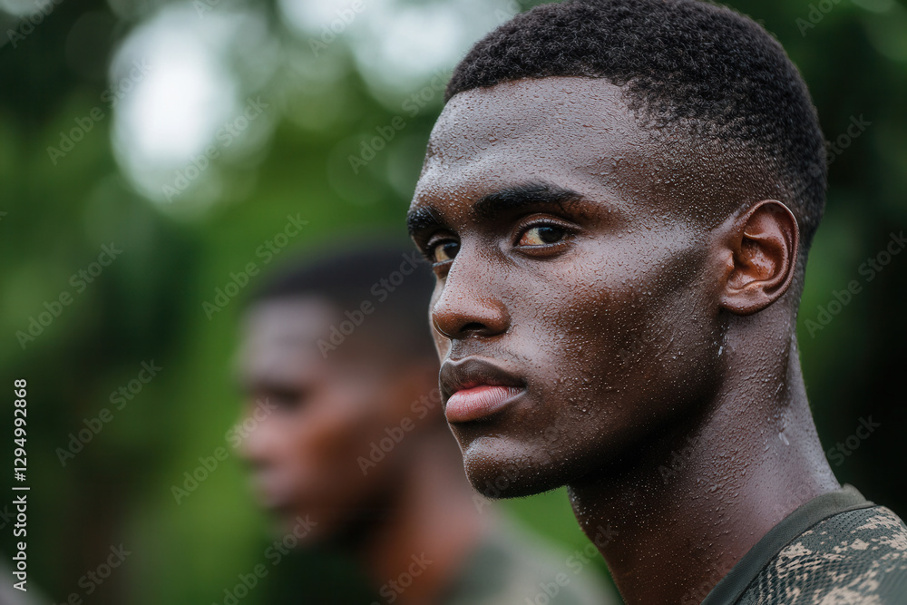 focused young man with serious expression, participating in training. His skin glistens with sweat, highlighting his determination focused young man with serious expression, participating in training. His skin glistens with sweat, highlighting his determination