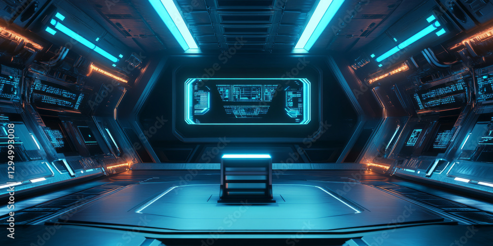 A sci-fi 3D background with a metallic podium placed at the center of a spaceship hangar. Blue neon lights illuminate the edges, while floating digital displays add a sense of futuristic control. A sci-fi 3D background with a metallic podium placed at the center of a spaceship hangar. Blue neon lights illuminate the edges, while floating digital displays add a sense of futuristic control.