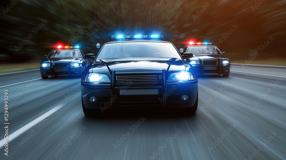 High speed police patrol cars with flashing lights on road, showcasing urgency and action High speed police patrol cars with flashing lights on road, showcasing urgency and action