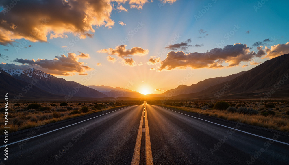 Sunset over a long open road in a mountainous landscape Sunset over a long open road in a mountainous landscape