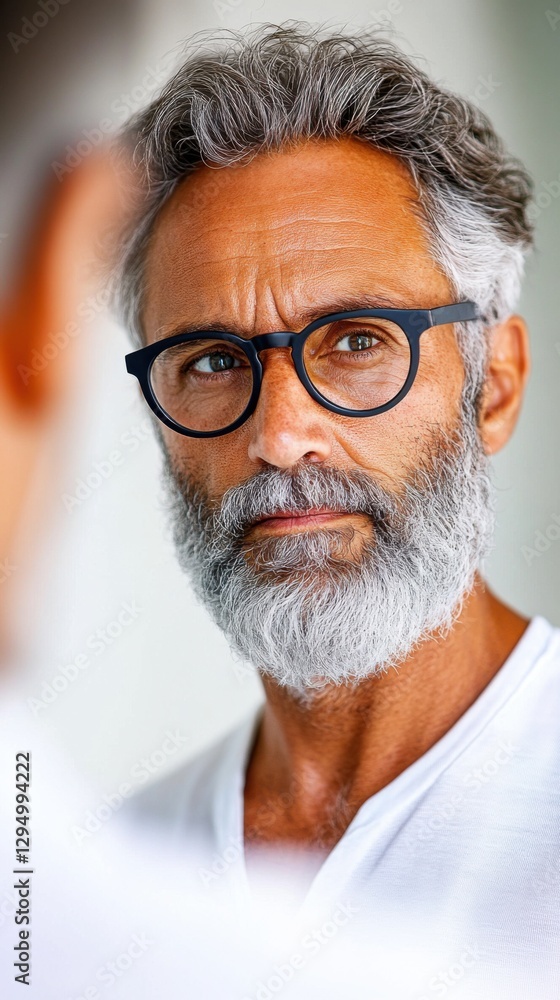 Middle aged man with rosacea looks embarrassed in bright bathroom mirror Middle aged man with rosacea looks embarrassed in bright bathroom mirror