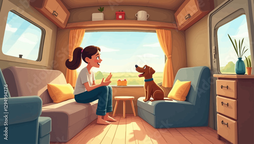 A cheerful woman and her dog enjoy the morning sunshine inside a stylish campervan. The modern and minimalist design makes this a perfect home-on-wheels retreat.