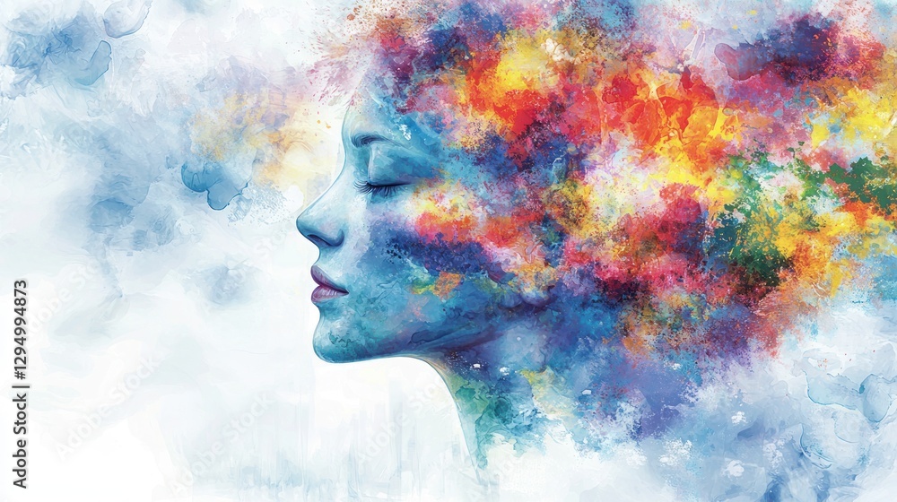 Serene woman profile engulfed in vibrant, colorful, abstract watercolor explosion. Serene woman profile engulfed in vibrant, colorful, abstract watercolor explosion.