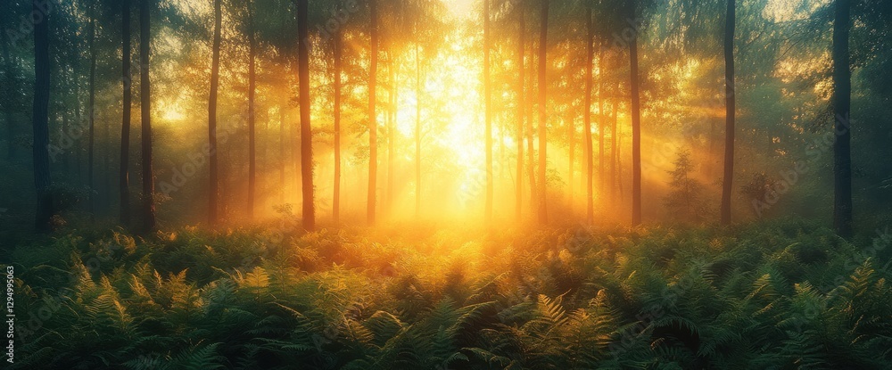 Fototapeta premium Serene Forest Scene with Golden Sunrise Light and Dense Green Ferns