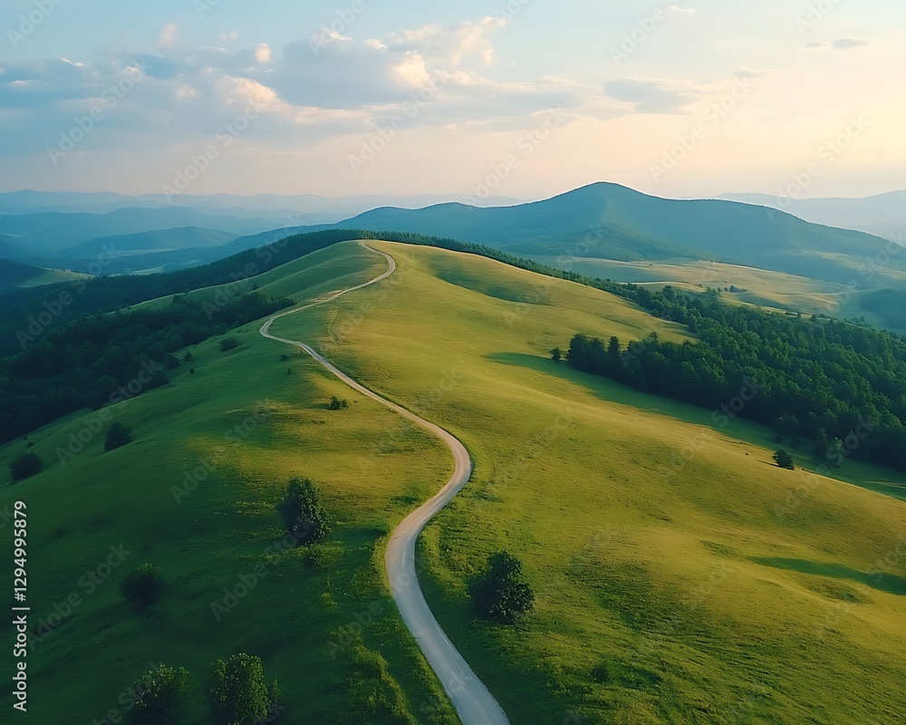 Obraz premium Winding road, green hills, sunset, aerial view