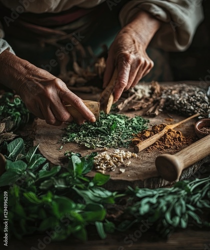 herbalist pharmacist prepares dried herbs in a wooden bowl using a wooden tool. A glass jar, rustic atmosphere photo