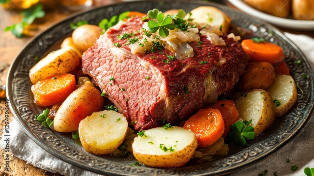 Tender corned beef served with potatoes, carrots, and herbs on a rustic table, creating a hearty meal for a festive gathering Tender corned beef served with potatoes, carrots, and herbs on a rustic table, creating a hearty meal for a festive gathering