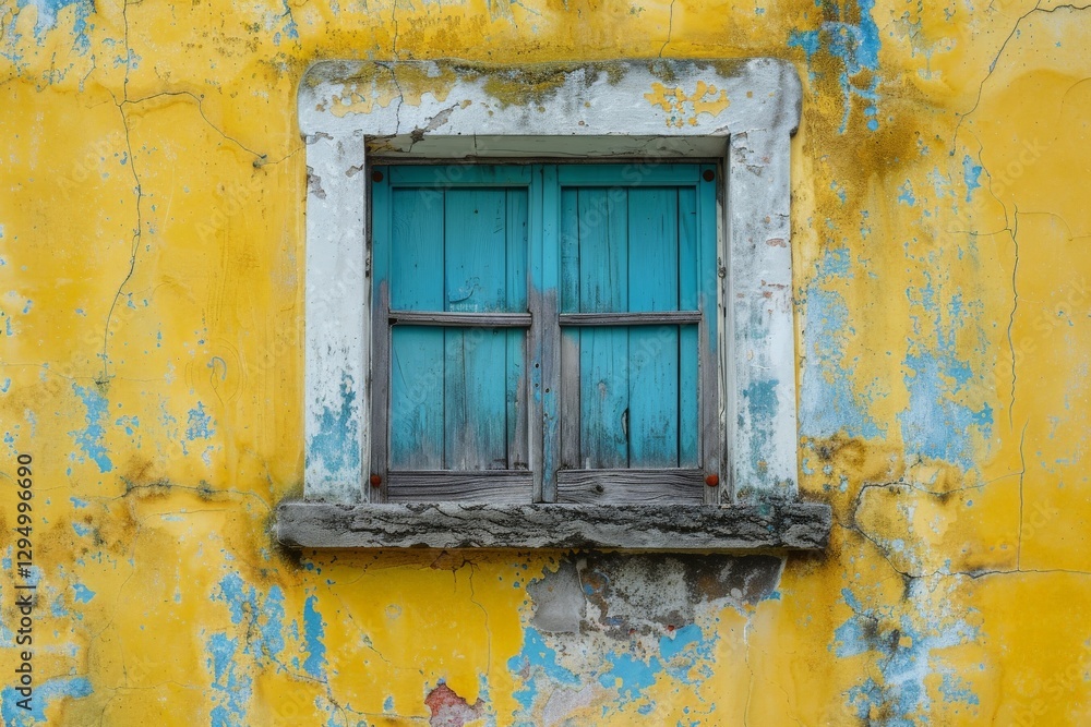 Bright turquoise window on a weathered yellow wall in a historic neighborhood Bright turquoise window on a weathered yellow wall in a historic neighborhood