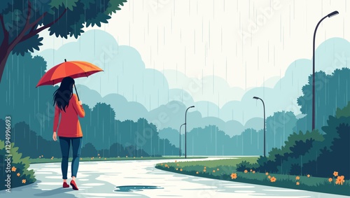 A woman walking with a red umbrella on a quiet, rainy road, surrounded by lush green trees and street lamps in a peaceful vector illustration.