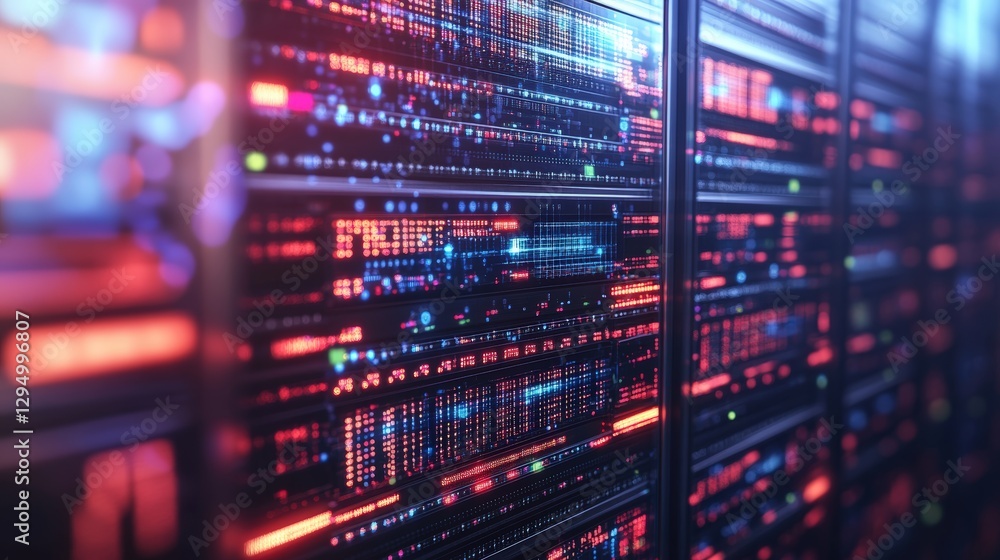 Fototapeta premium Server rack with multiple servers in a modern data center room with network cables and cooling systems