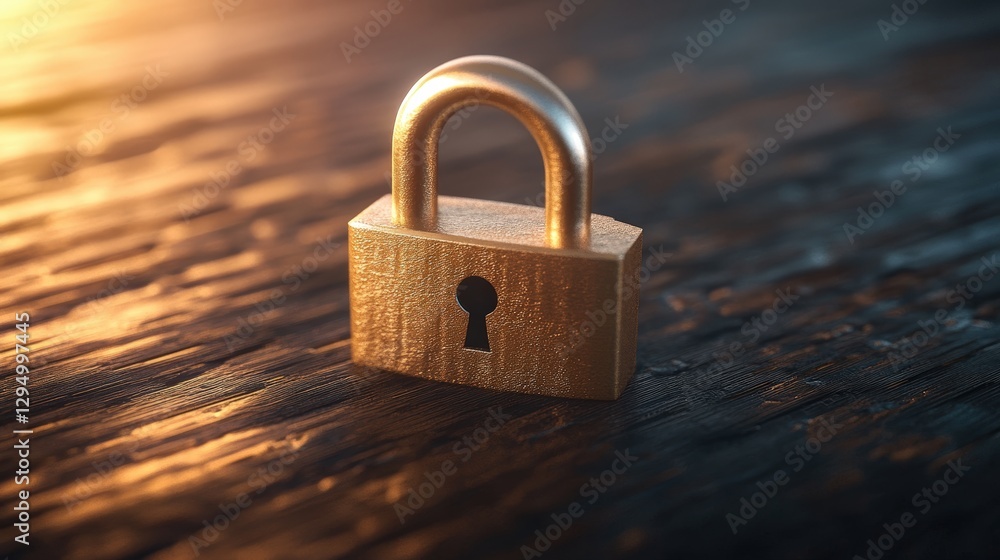 Fototapeta premium Golden padlock resting on a wooden table with soft lighting and a blurred background