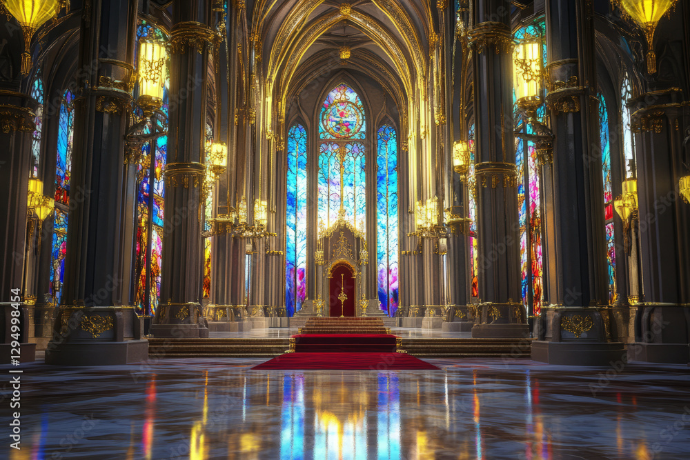 A majestic castle hall 3D background featuring a grand royal podium. The intricate stained-glass windows cast colorful reflections, while towering golden chandeliers illuminate the opulent marble A majestic castle hall 3D background featuring a grand royal podium. The intricate stained-glass windows cast colorful reflections, while towering golden chandeliers illuminate the opulent marble