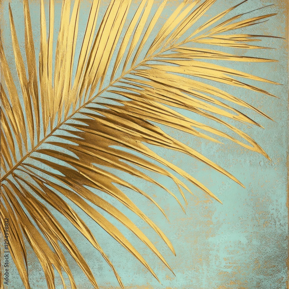 Fototapeta premium Gold Palm Leaf on Mint Green Background
