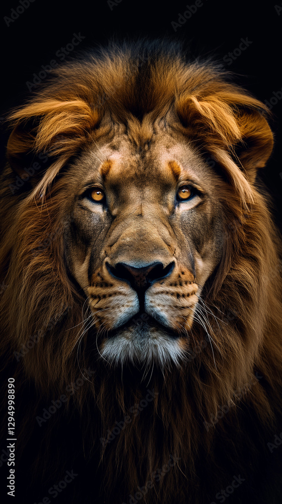 Fototapeta premium Intense close-up portrait of a lion against a dark background.