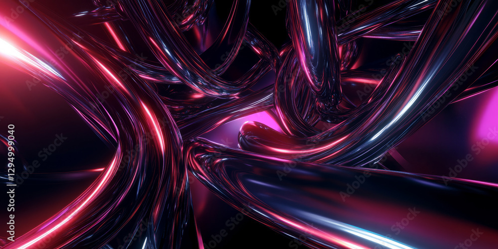 A surreal 3D abstract background with interconnected neon-glowing tubes weaving through a dark metallic landscape. The soft reflections and smooth curves create an immersive futuristic ambiance. A surreal 3D abstract background with interconnected neon-glowing tubes weaving through a dark metallic landscape. The soft reflections and smooth curves create an immersive futuristic ambiance.