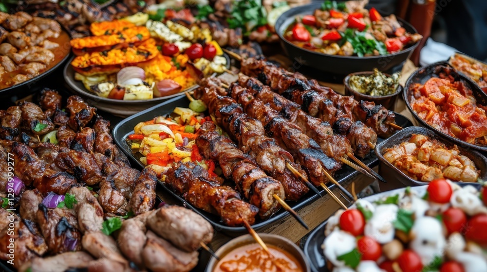 Obraz premium On a warm summer evening, an outdoor market comes alive, showcasing a tantalizing array of grilled meats alongside vibrant, fresh vegetables