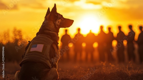 A loyal military or police K9 sits solemnly in front of a memorial site adorned with American flags, honoring fallen heroes with respect and dedication.