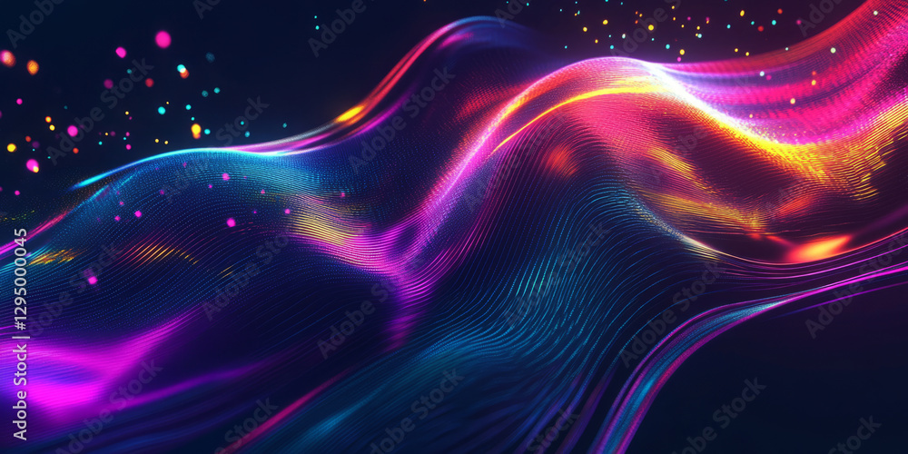A visually stunning 3D abstract background with swirling ribbons of holographic energy, pulsating neon waves, and floating iridescent particles. The deep contrasts between glowing elements and dark A visually stunning 3D abstract background with swirling ribbons of holographic energy, pulsating neon waves, and floating iridescent particles. The deep contrasts between glowing elements and dark