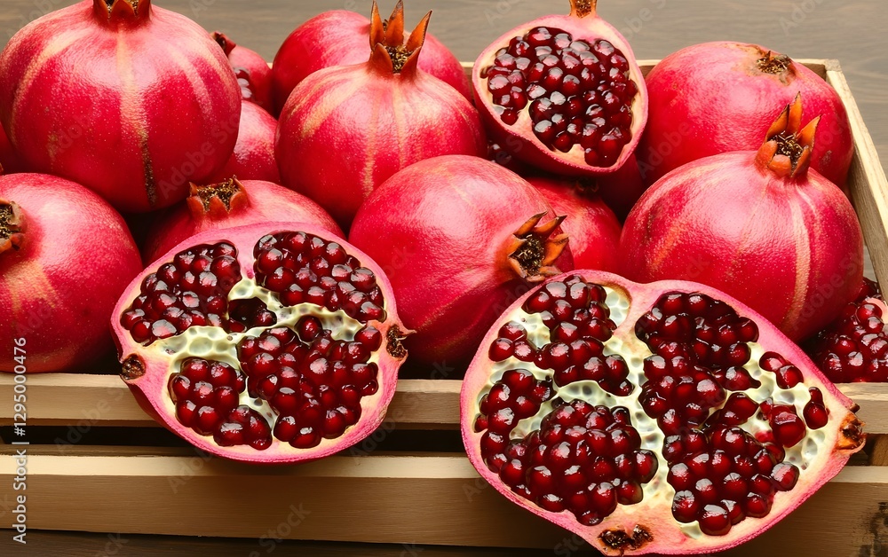 Juicy Pomegranates in Wooden Crate, Red Fruit Juicy Pomegranates in Wooden Crate, Red Fruit