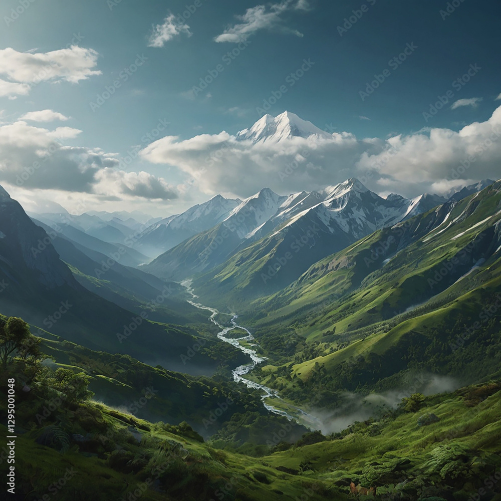 Naklejka premium Breathtaking Green Valley with Mountain Range and Winding River