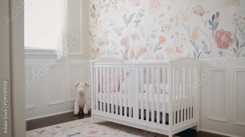 Nursery Serenity: A charming nursery, bathed in soft light, features a pristine crib with pastel bedding, a whimsical floral wallpaper accent wall, and a playful plush toy.