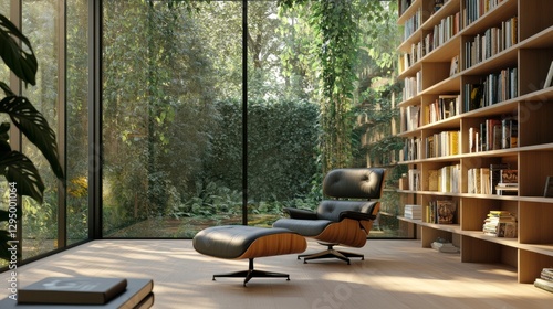 Tranquil Reading Room: A serene reading room bathed in natural light, a comfortable armchair and ottoman in the foreground invite relaxation.