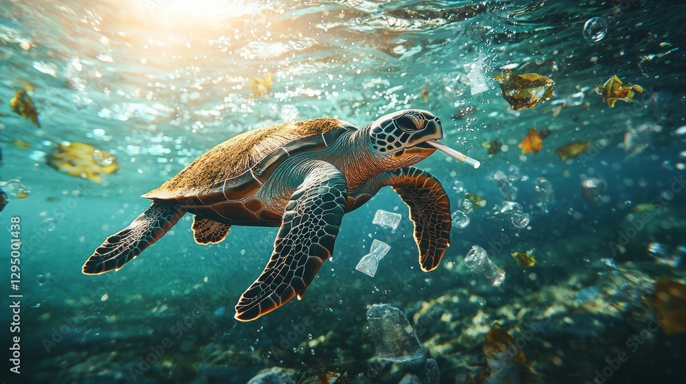 Obraz premium Turtle Swimming in Ocean with Plastic Waste