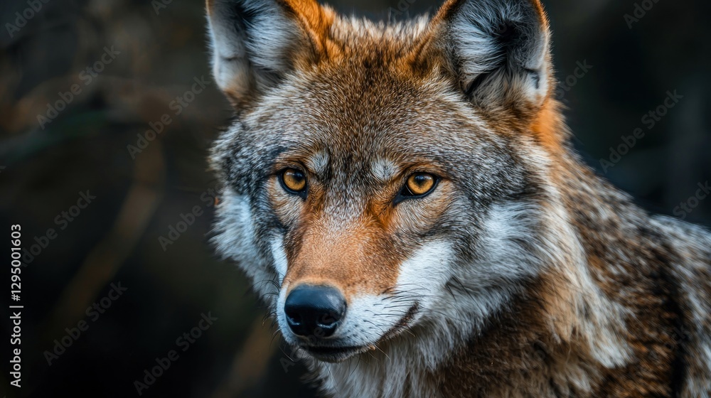 Close-up portrait of a red wolf with intense amber eyes, looking directly at the camera. Close-up portrait of a red wolf with intense amber eyes, looking directly at the camera.