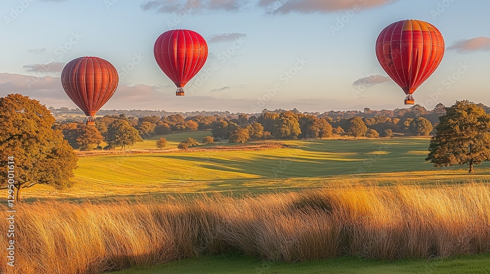 Obraz premium Breathtaking Dawn Hot Air Balloons Over Scenic Green Landscape