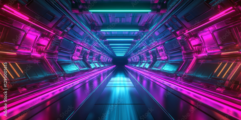 Fototapeta premium A surreal 3D abstract background showcasing a vast neon tunnel, glowing in deep cyberpunk hues. The seamless reflections and digital motion enhance the sci-fi design.