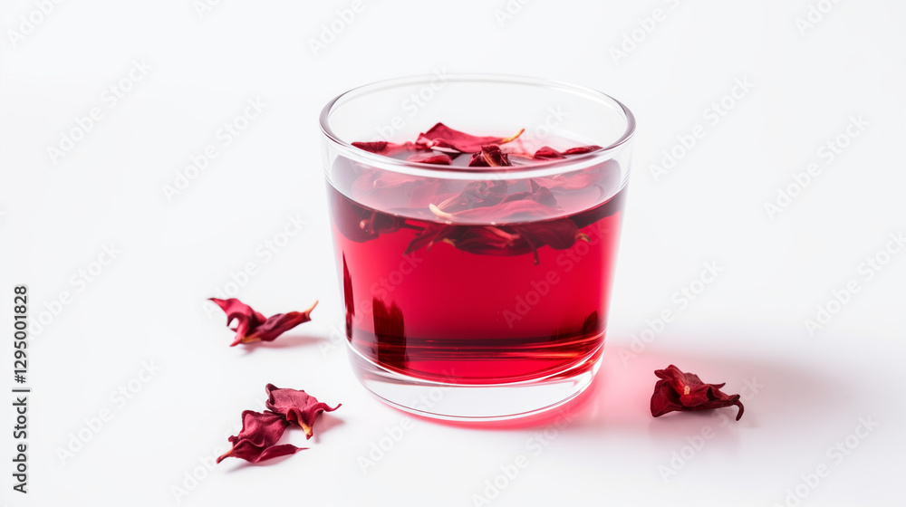 Hibiscus herbal tea in a clear glass cup, White background, Minimalistic style, Deep red tones, Floating hibiscus petals, copy space Hibiscus herbal tea in a clear glass cup, White background, Minimalistic style, Deep red tones, Floating hibiscus petals, copy space