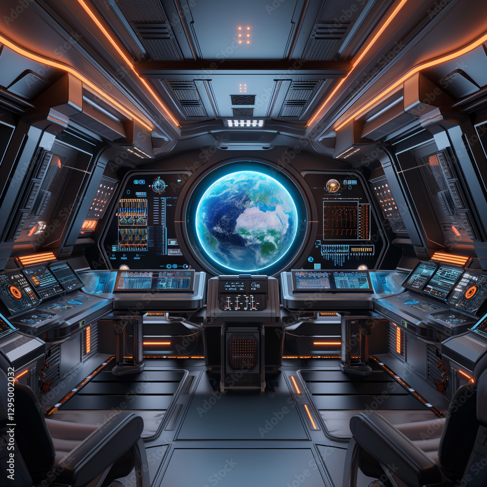 Obraz premium Futuristic Spaceship Interior with Earth View from Window