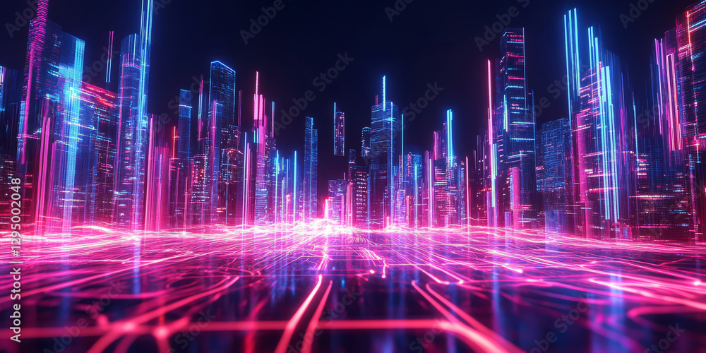 A surreal 3D abstract background featuring a neon-lit cityscape formed entirely of glowing, pulsating sound waves. The futuristic urban aesthetic visualizes the connection between music, technology, A surreal 3D abstract background featuring a neon-lit cityscape formed entirely of glowing, pulsating sound waves. The futuristic urban aesthetic visualizes the connection between music, technology,