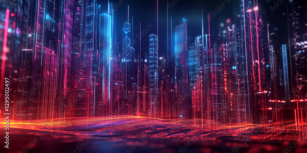 A surreal 3D abstract background featuring a neon-lit cityscape formed entirely of glowing, pulsating sound waves. The futuristic urban aesthetic visualizes the connection between music, technology, A surreal 3D abstract background featuring a neon-lit cityscape formed entirely of glowing, pulsating sound waves. The futuristic urban aesthetic visualizes the connection between music, technology,