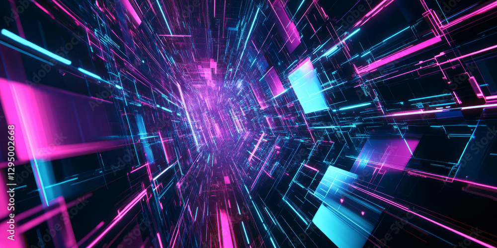 A sleek 3D abstract background featuring a glowing geometric matrix suspended in a deep cybernetic void. The neon blue and magenta highlights add a modern high-tech feel to the design. A sleek 3D abstract background featuring a glowing geometric matrix suspended in a deep cybernetic void. The neon blue and magenta highlights add a modern high-tech feel to the design.