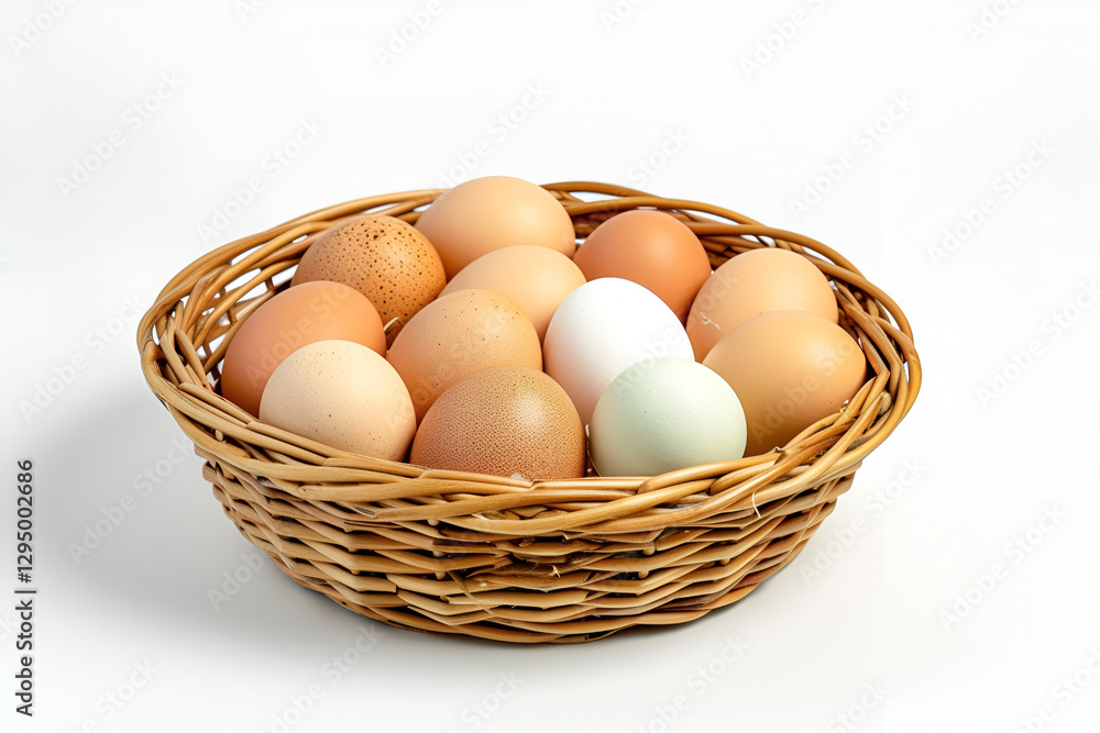 Basket of fresh bio farm eggs, copy space Basket of fresh bio farm eggs, copy space