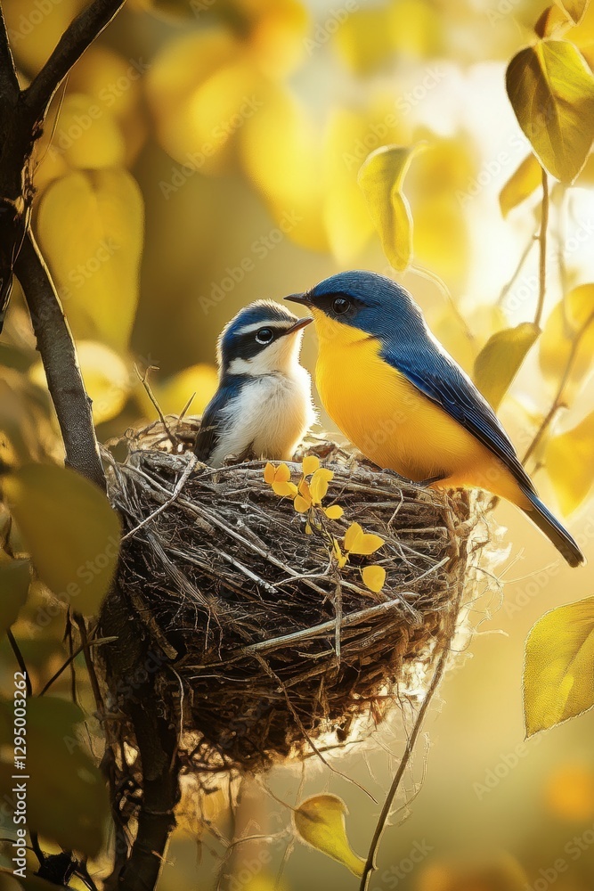 Fototapeta premium Bird in nest on tree in Spring.