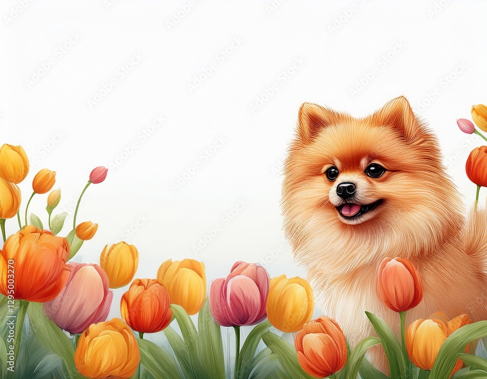 Obraz premium ポメラニアンとチューリップ フレーム