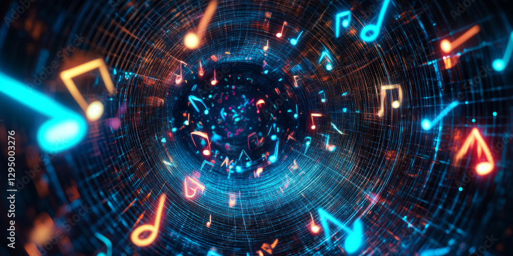 Obraz premium A mesmerizing 3D background displaying a swirling vortex of glowing neon musical notes, dynamically shifting with rhythm. The surreal, high-tech atmosphere creates an abstract representation of