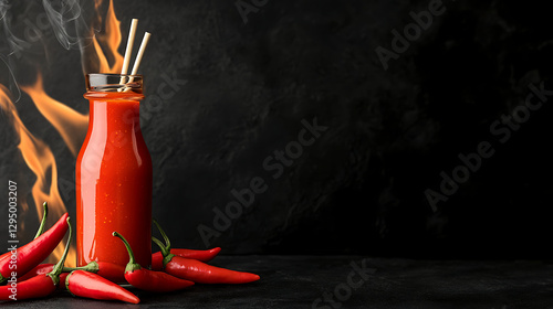 Chilly sauce or ketchup in glass bottle made of red hot chili peppers on black background with flame and smoke. Mexican paprika spice. Mockup for logo or design photo