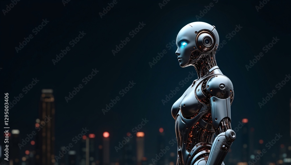 Fototapeta premium Futuristic blue robot cyborg with helmet and dark, space-inspired design