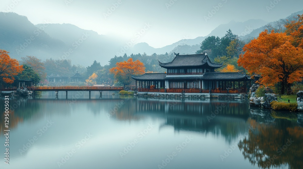 Fototapeta premium Misty Autumn Pavilion over Calm Lake