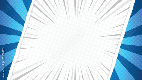 Blank Blue Comic Book Halftone Background with Torn Paper Style