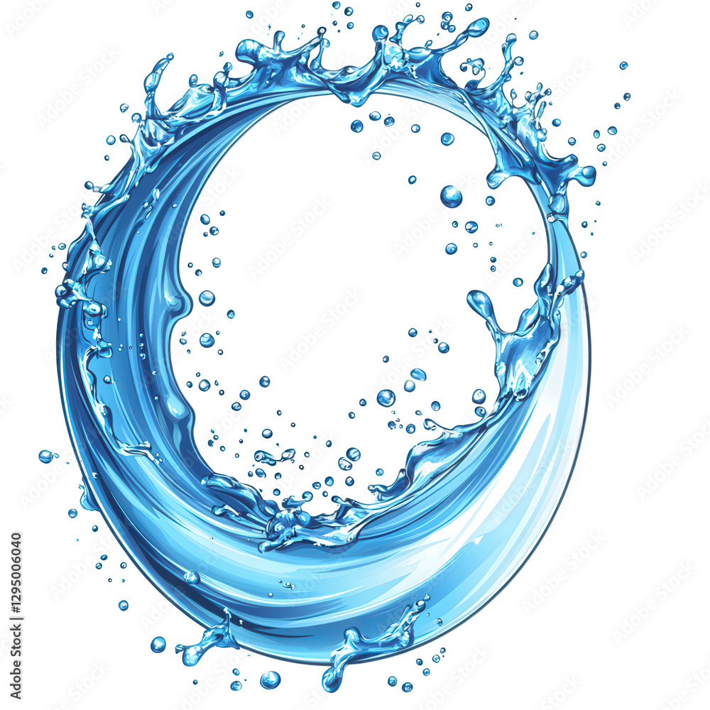 Fototapeta premium A gracefully curved water splash, illustrated with a clean cut-out design, rich blue tones with a sense of motion, transparent background, PNG