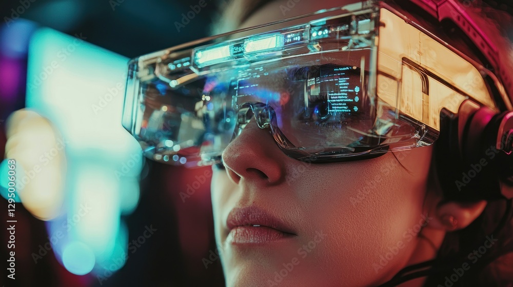 Woman wearing futuristic augmented reality glasses at night. Woman wearing futuristic augmented reality glasses at night.